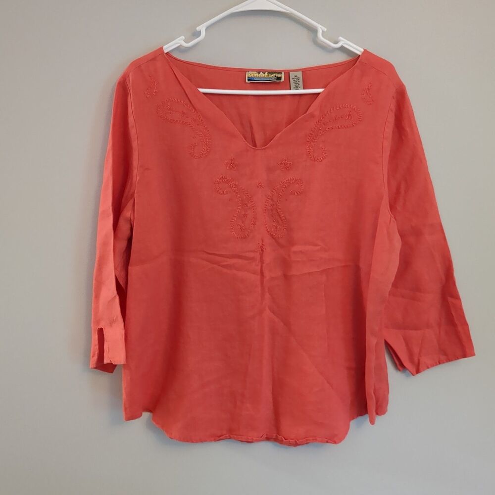 Sunset Cove Coral Pink 100% Linen Summer Shirt Top Blouse - Women's Size XL